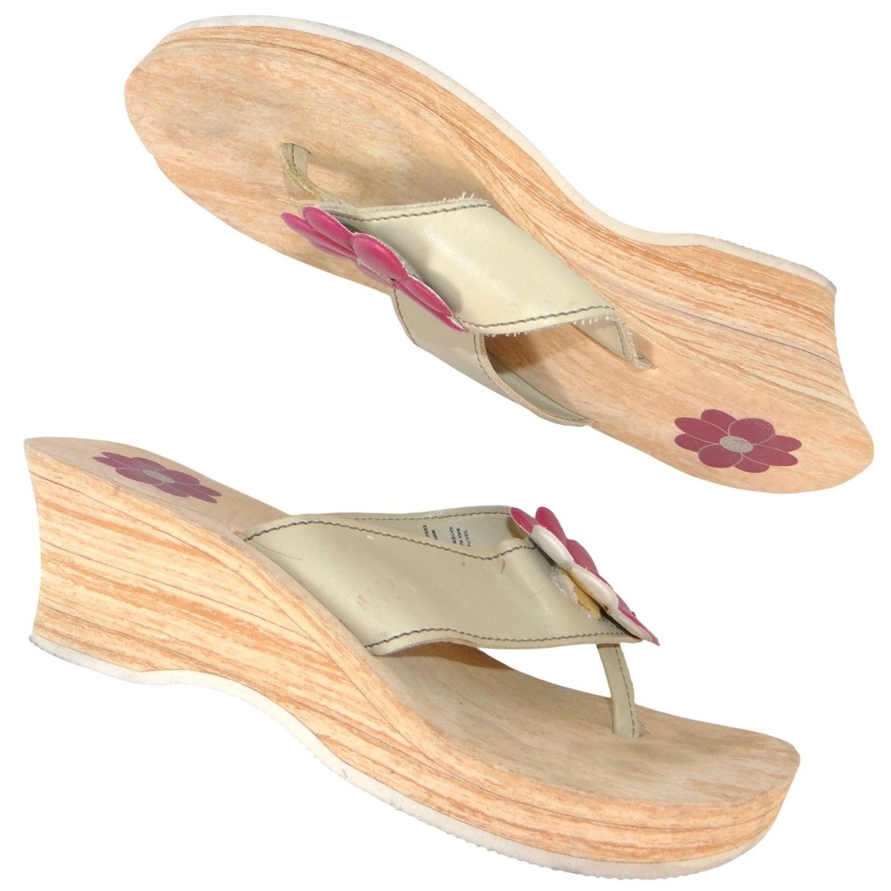 Womens Floral Wedge Flip Flops Pink Flower Faux Wood Platform Sandals Size 11.5